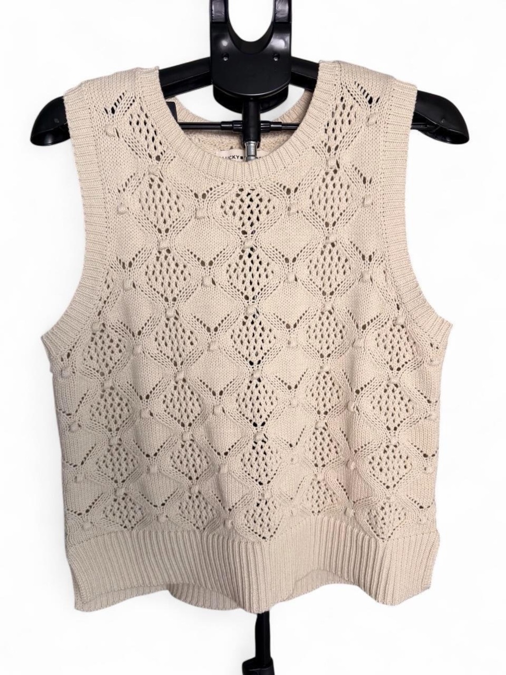 Lucky Brand Cream Open Knit Crochet Sweater Vest Size Large Boho